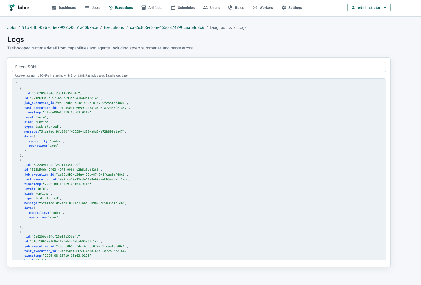 Laibor execution logs with JSON filter