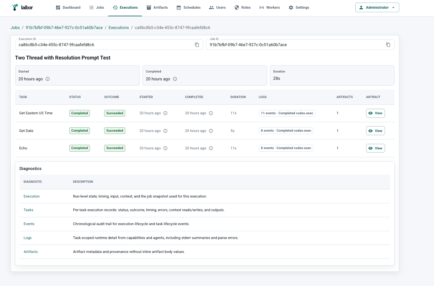 Laibor execution detail showing task outcomes and diagnostics