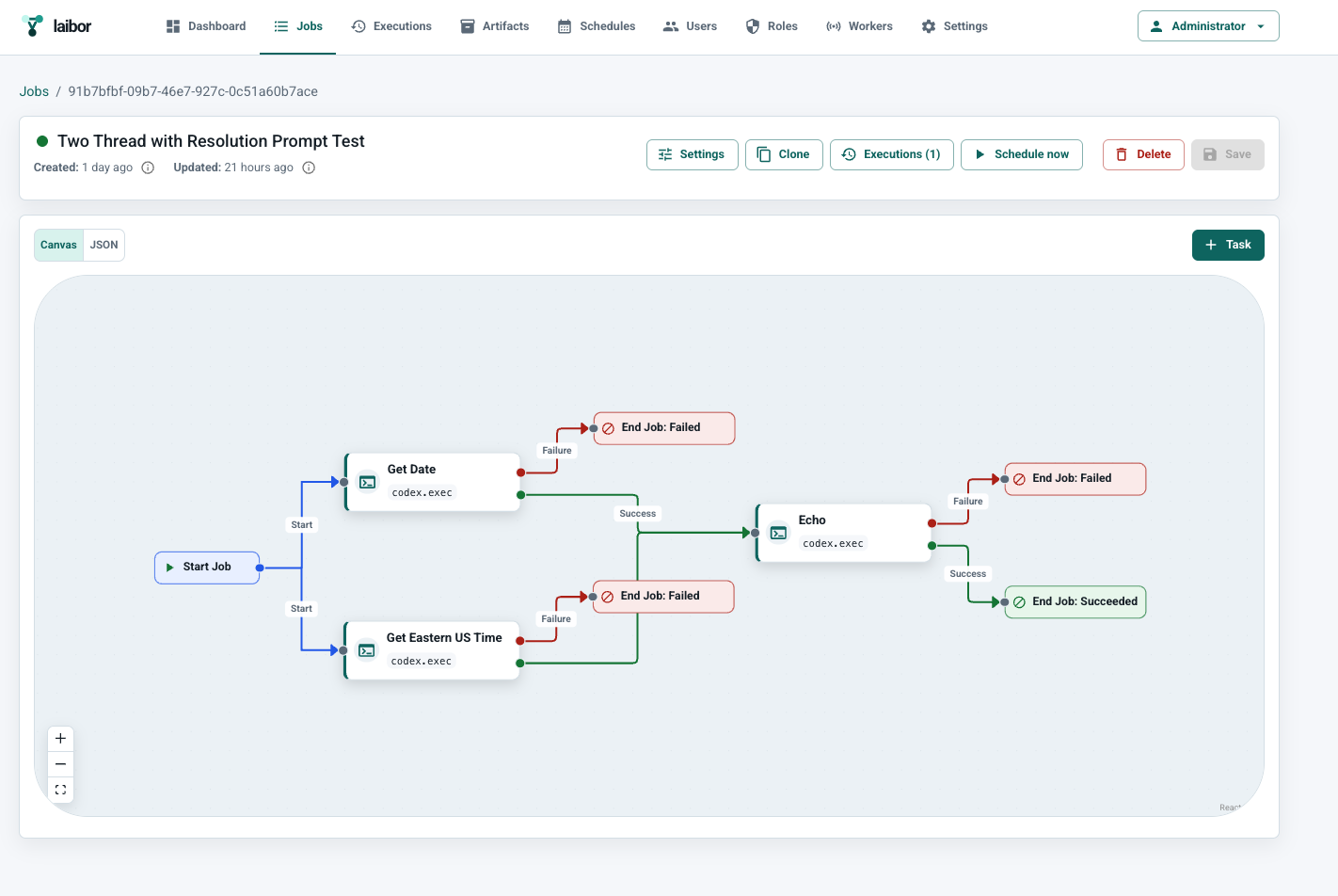 Laibor job editor showing a workflow graph